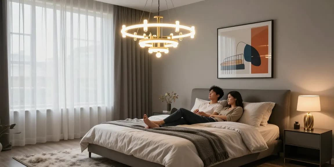 Candelabru dormitor elegant cu un iluminat modern și atmosferă primitoare în camera de odihnă.