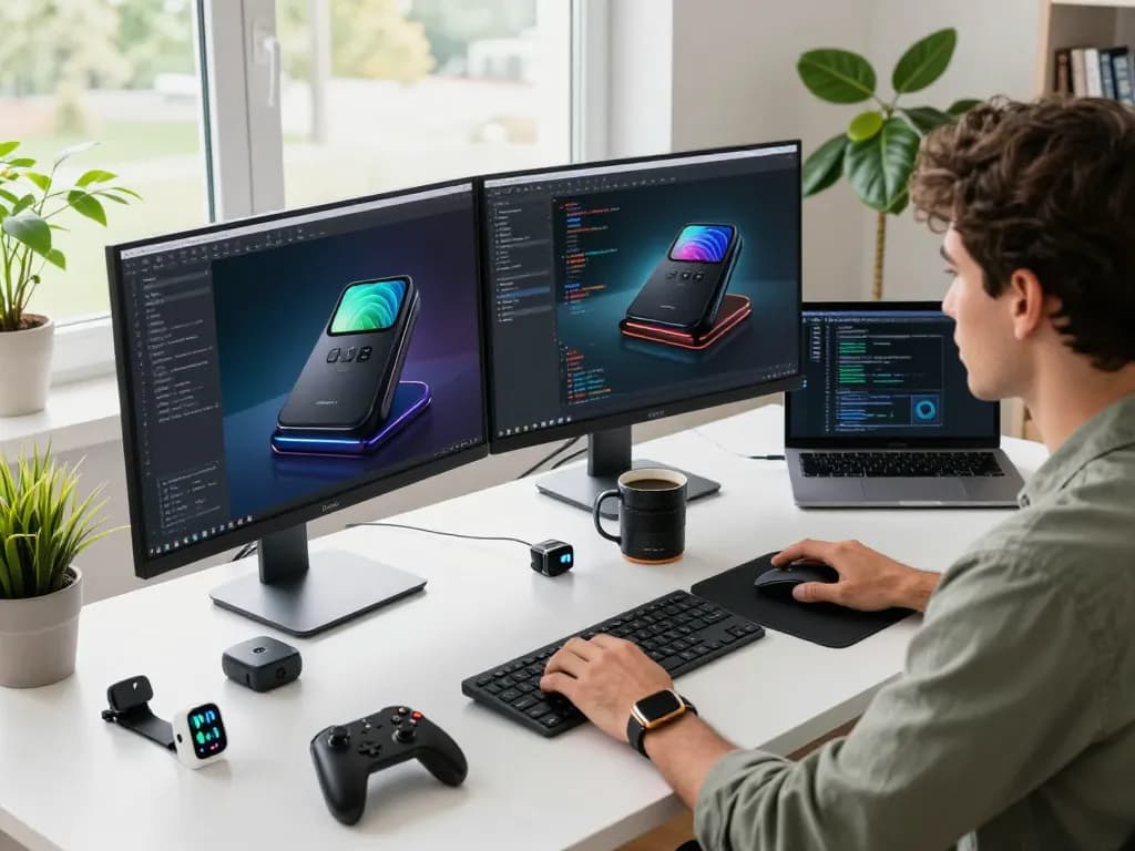 Showcasing unique tech gadgets in a modern workspace, featuring Bluetooth devices and a developer coding.