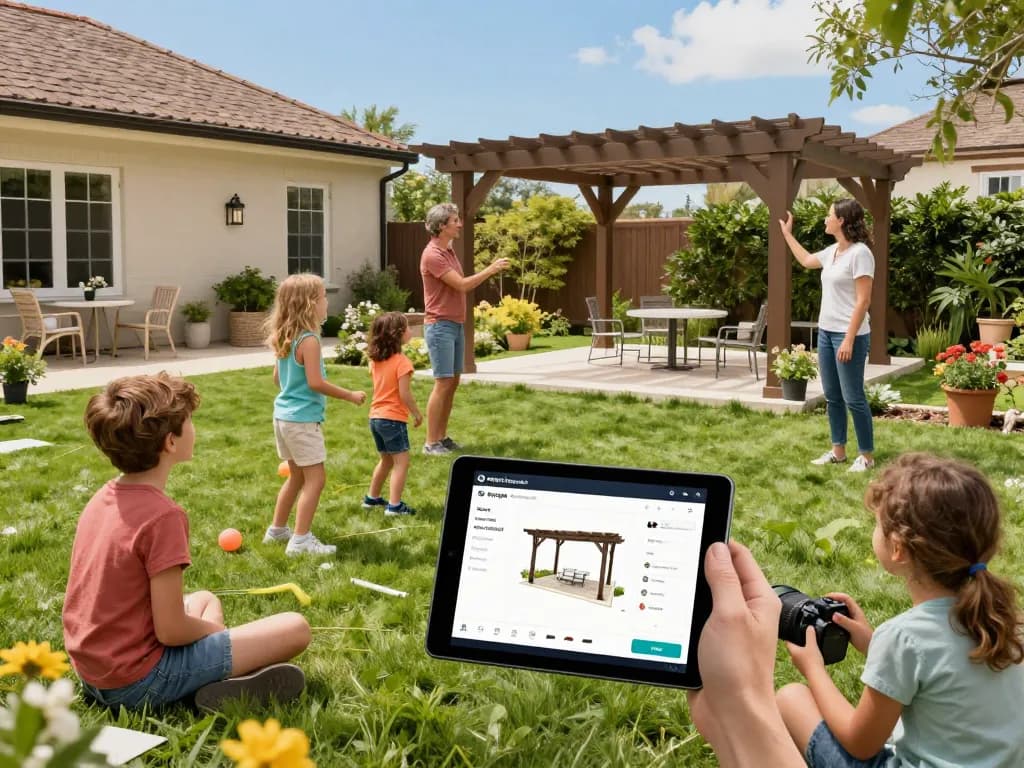 Family using Pergola Configurator Software to design their dream pergola in augmented reality.