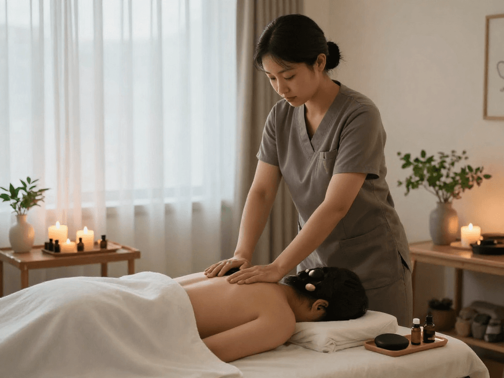 Relaxing 성남출장마사지 therapy in a serene home setting, showcasing a professional massage therapist in action.