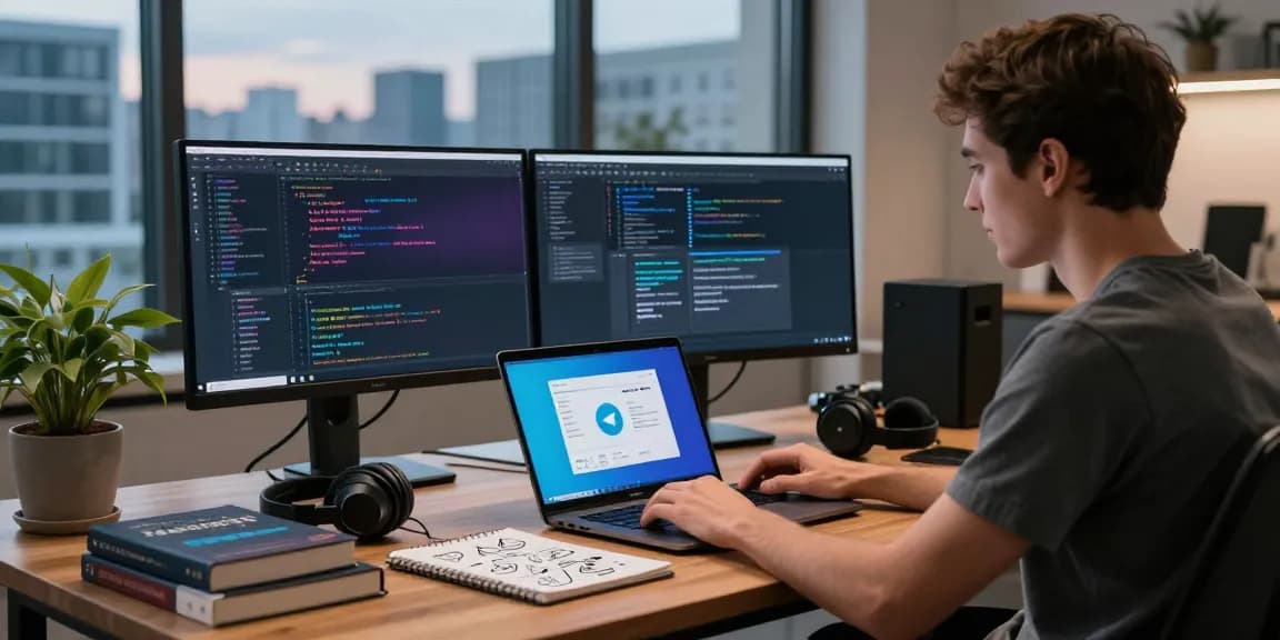 Telegram download in a modern workspace with a developer coding on a laptop