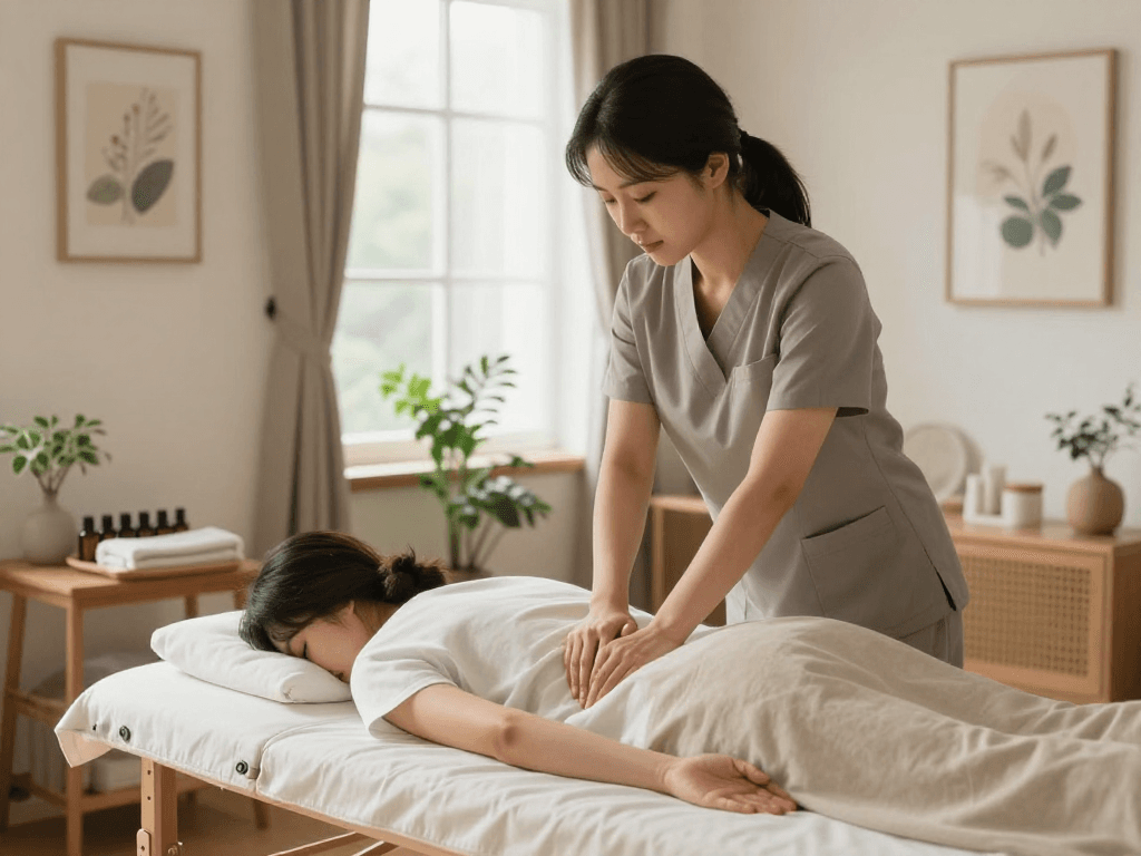 부천출장안마: Professional massage therapist providing a relaxing session in a cozy, well-lit home environment.