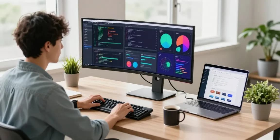 快连 network optimization showcased in a vibrant tech workspace with dual monitors and coding.