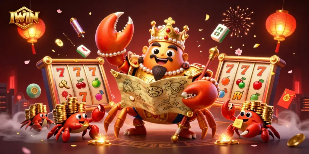 IWIN showcases a golden crab emperor in a vibrant casino scene filled with slot machine elements and festive decorations.