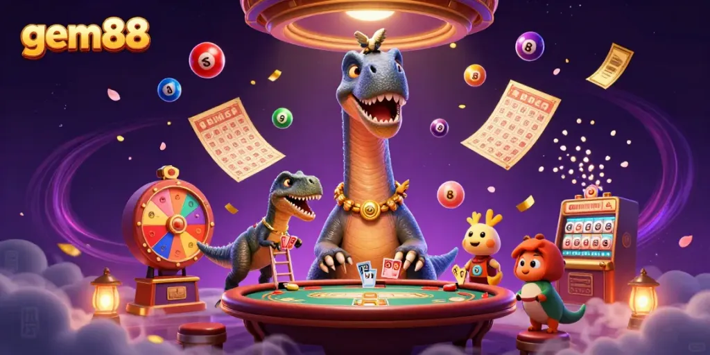 Experience the excitement of gem88 with a whimsical scene featuring a tall brontosaurus and clever raptor amidst casino elements.