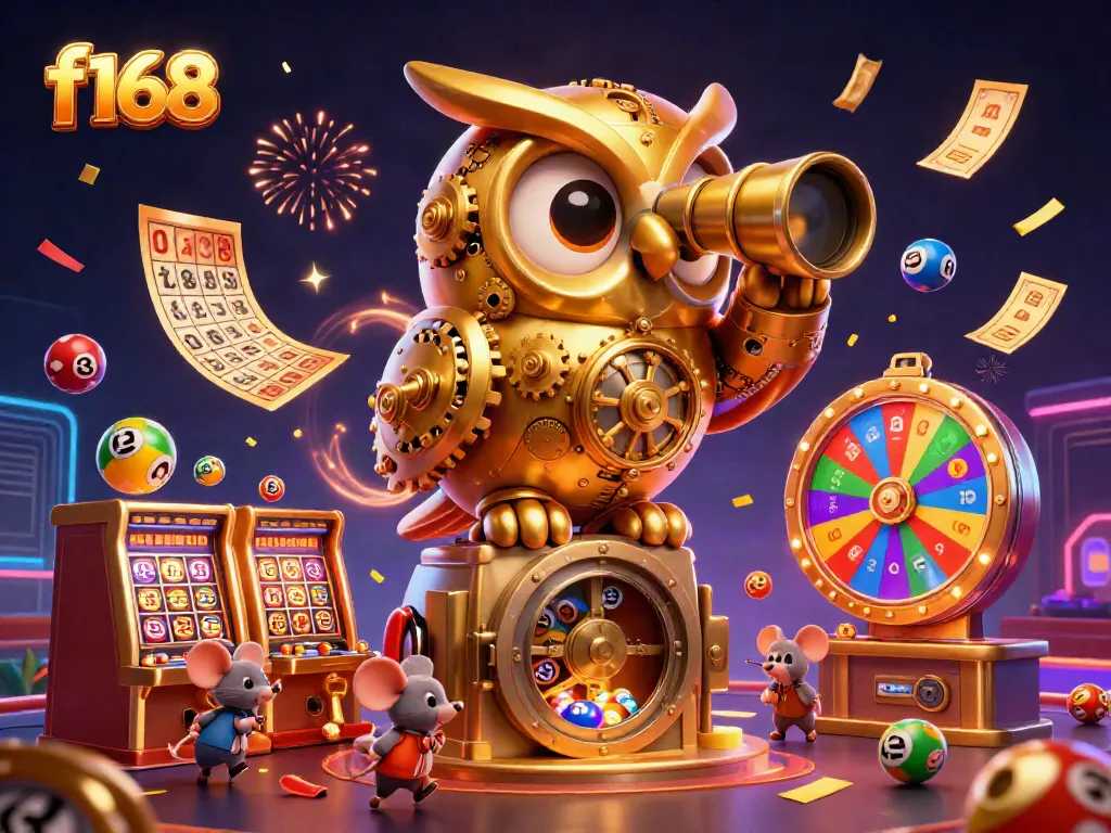 Engage in thrilling f168 casino gameplay featuring a cartoon owl overseeing vibrant slot action.
