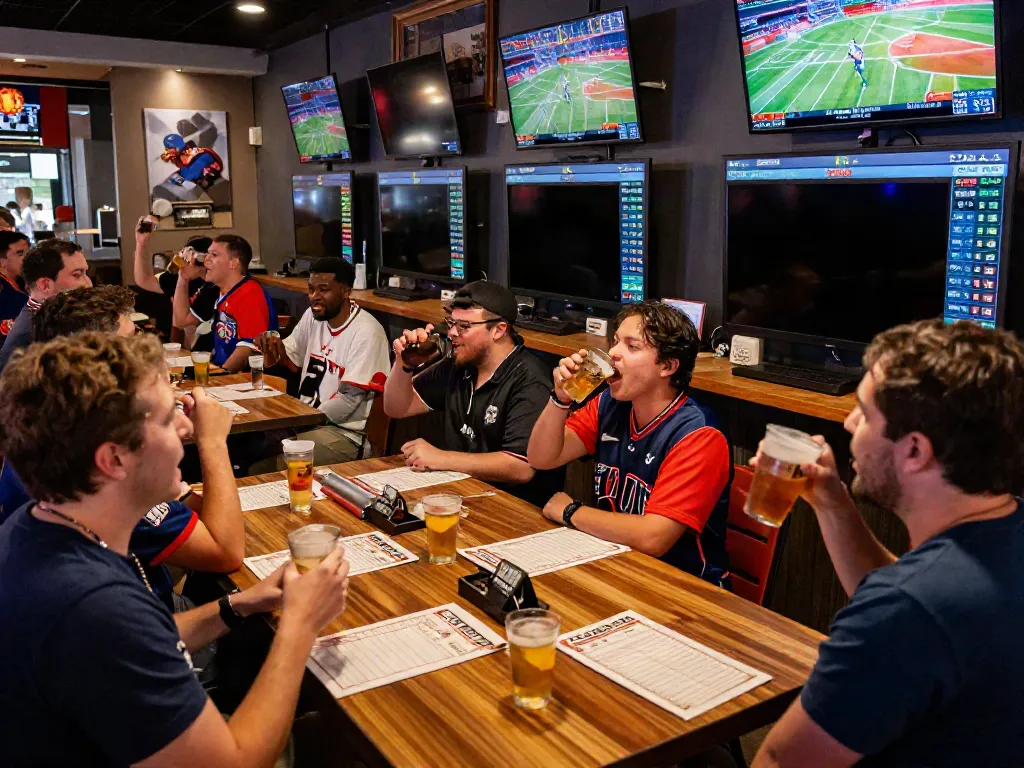 Exciting sports betting atmosphere at Streek Sportsbook Canada with fans cheering during a live game.