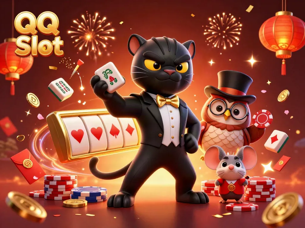 Experience QQ Slot's vibrant energy with a stylish panther, owl, and lucky mouse amidst a colorful celebration.