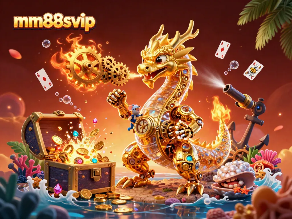 Experience winning adventures at mm88svip with a dazzling 3D illustration of a golden dragon among gaming treasures.