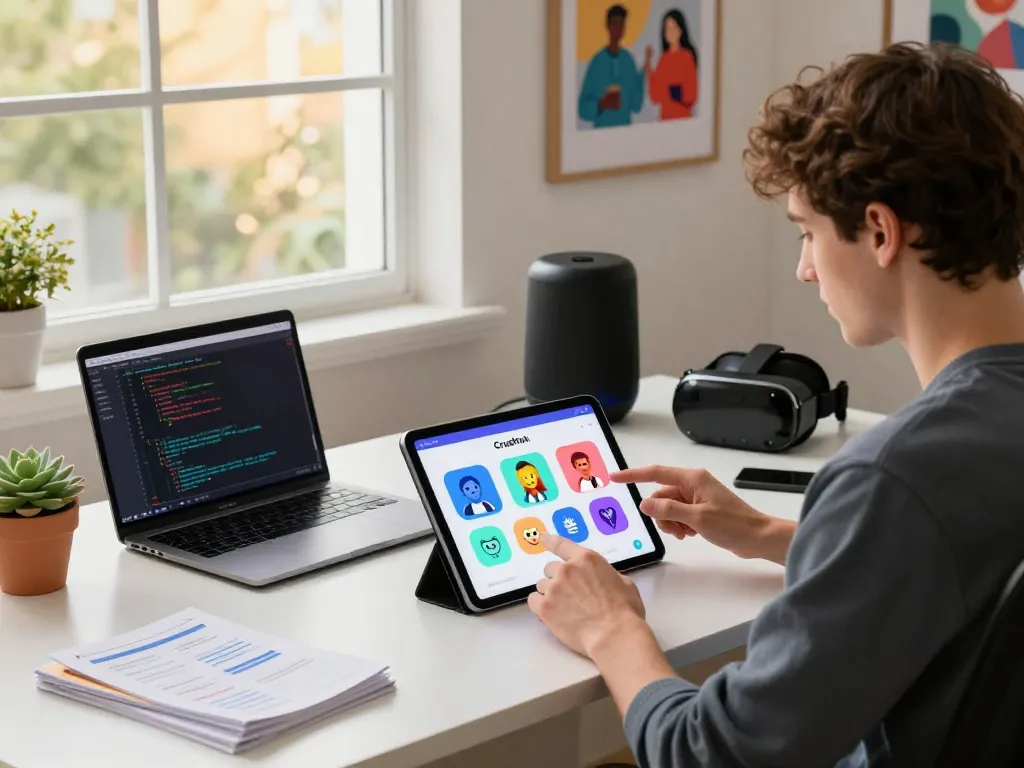 Engaging with CrushOn AI interface at a modern workspace, showcasing dynamic interactions.
