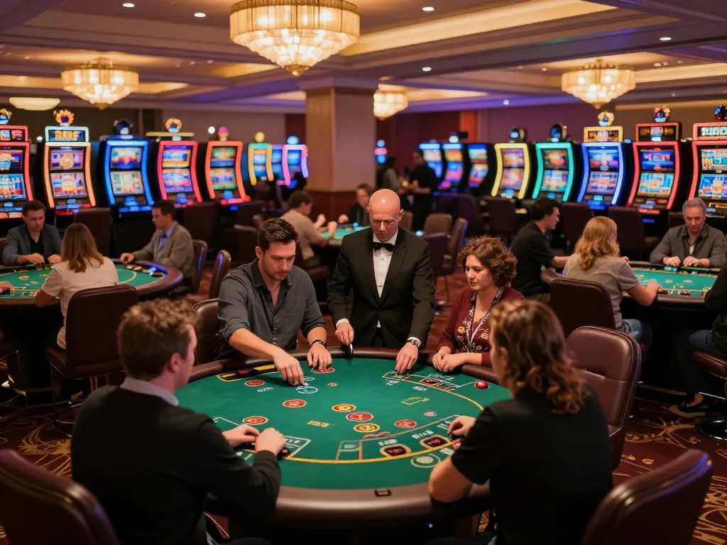 Players enjoying blackjack at MM88 casino engaging with dealers in lively atmosphere