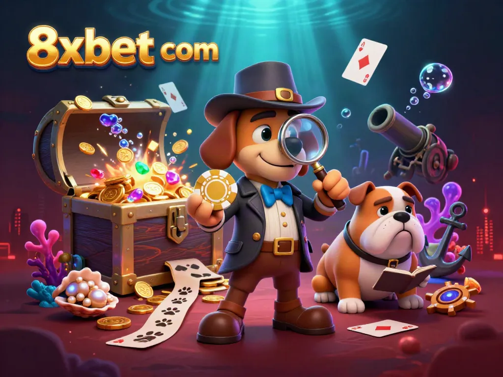 Engage with 8xbet com through a whimsical 3D gambling scene featuring detectives and treasure clues.