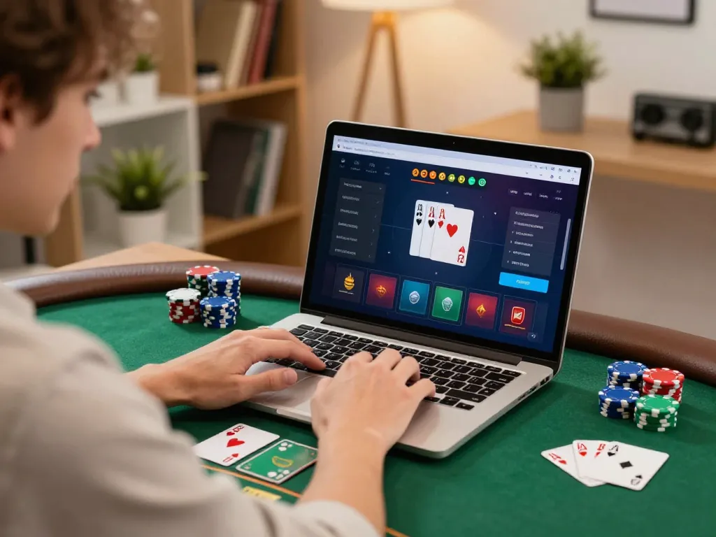 Lu 88 player strategizing with poker interface on laptop in modern home office.
