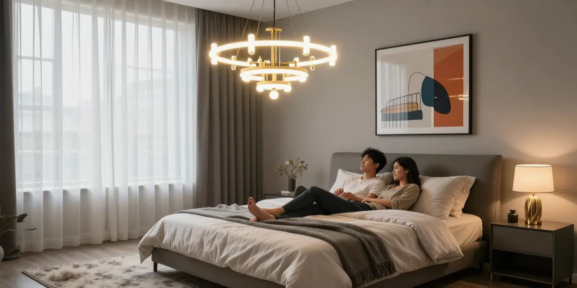 Candelabru dormitor elegant cu un iluminat modern și atmosferă primitoare în camera de odihnă.