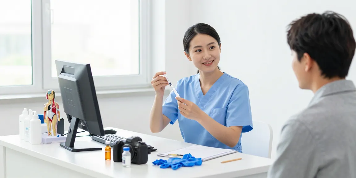 Preparing a medicine syringe in a calm healthcare environment with a nurse providing care.
