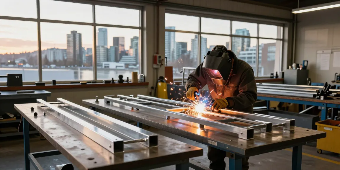 Crafting custom metalwork in North Vancouver workshop with skilled technician welding steel railings.