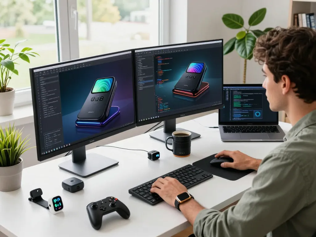 Showcasing unique tech gadgets in a modern workspace, featuring Bluetooth devices and a developer coding.