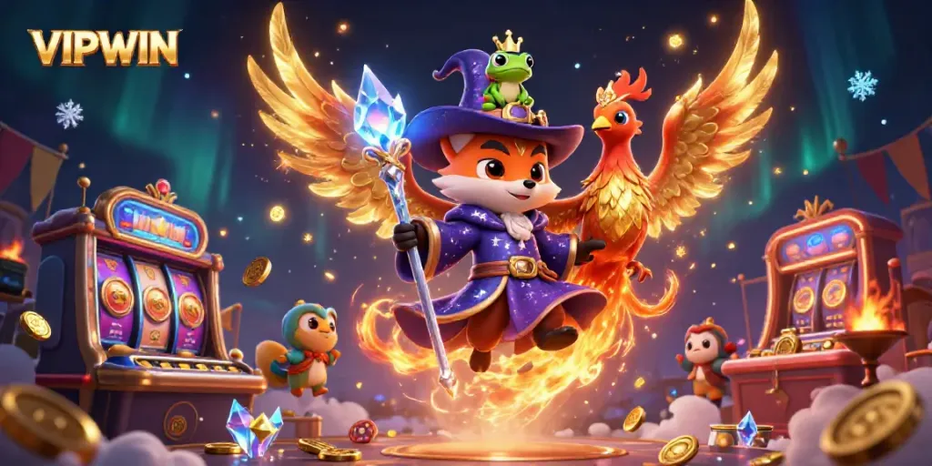 Experience the vibrant casino magic of VIPWIN with an enchanting wizard fox, phoenix, and rich game elements.
