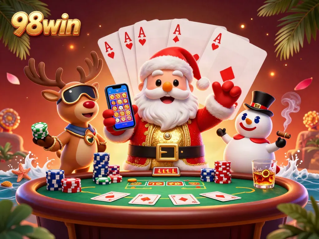 Engage with the 98win casino experience featuring a festive Santa, reindeer dealer, and playful snowman amidst vibrant gameplay elements.