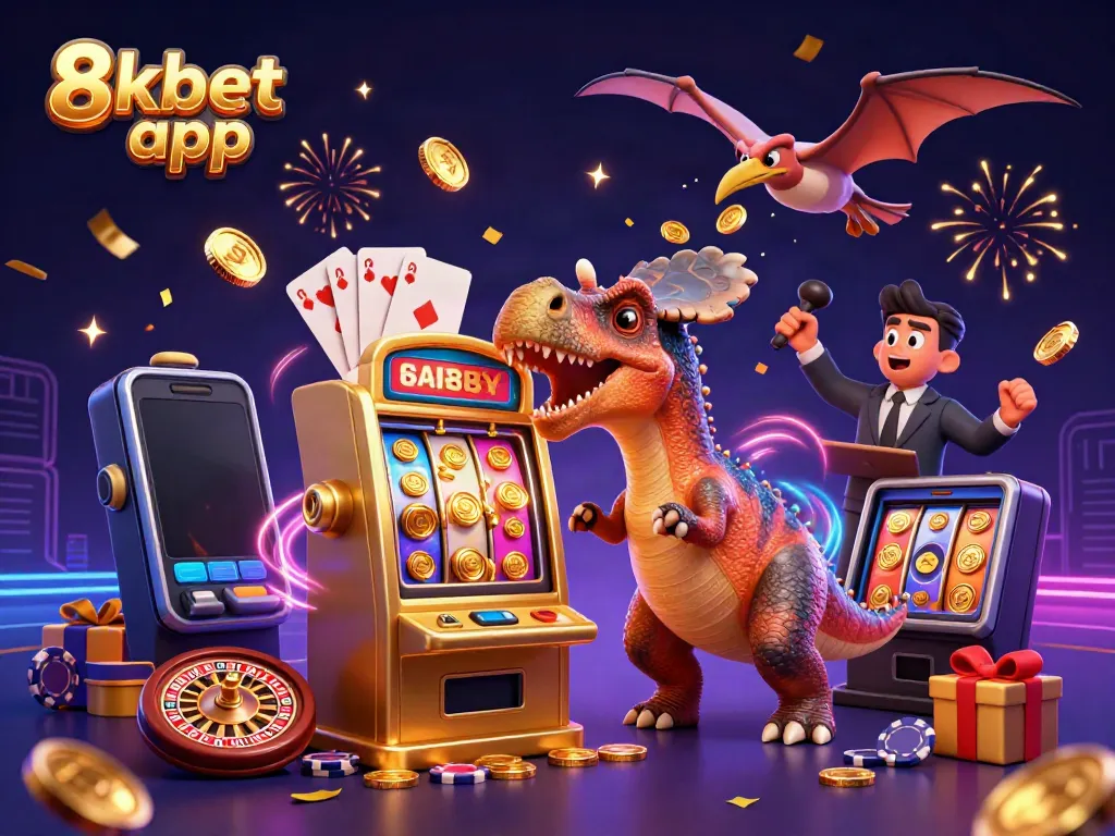 Celebrate winnings with the 8xbet app in a vibrant casino scene filled with animated characters and dynamic game elements.