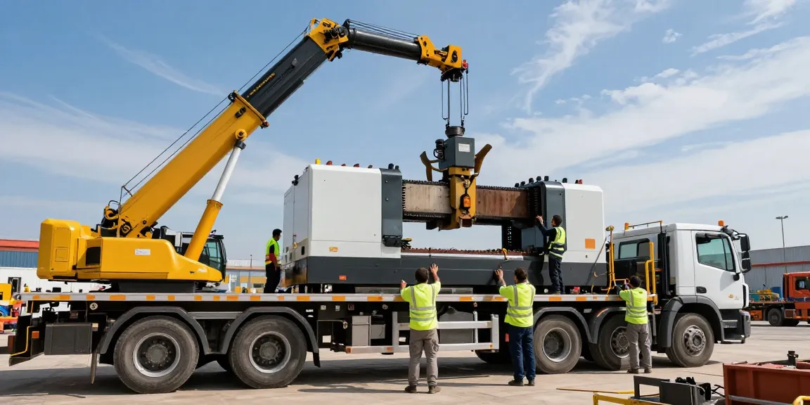 Machinery Movers expertly relocating heavy equipment with a crane at an industrial site.