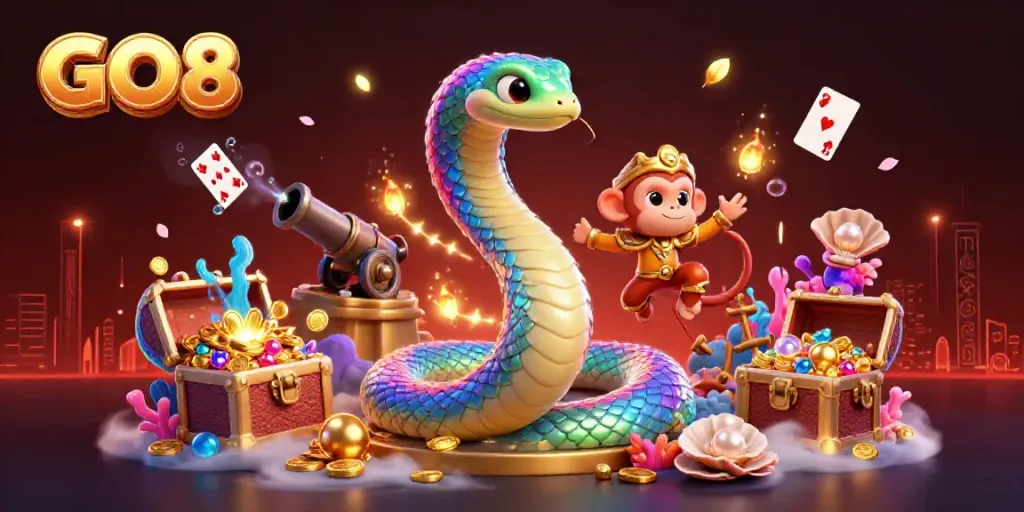 Experience the thrill of GO8 with a dynamic 3D scene filled with vibrant casino elements and characters.