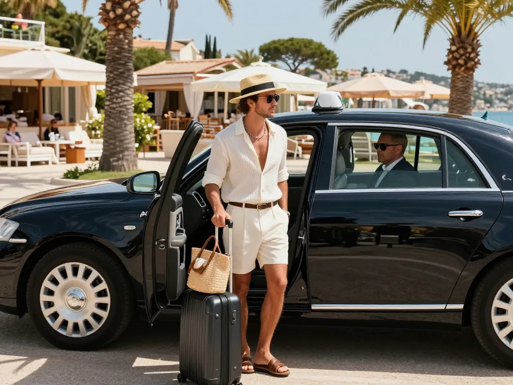Scène de Taxi St Tropez avec un voyageur sortant d'un taxi de luxe, un chauffeur professionnel et un arrière-plan de plage vibrant.