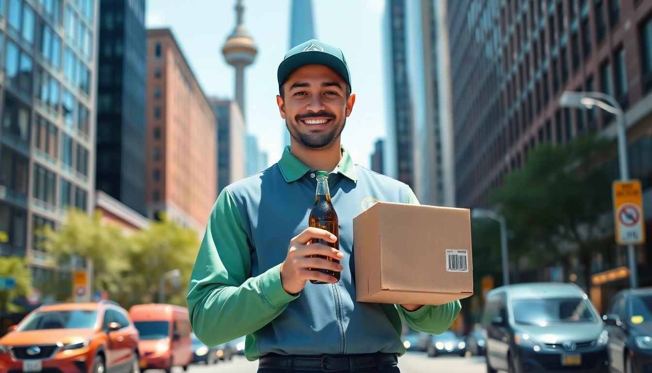 Friendly delivery driver showcasing dial a bottle Toronto service amidst urban landmarks.