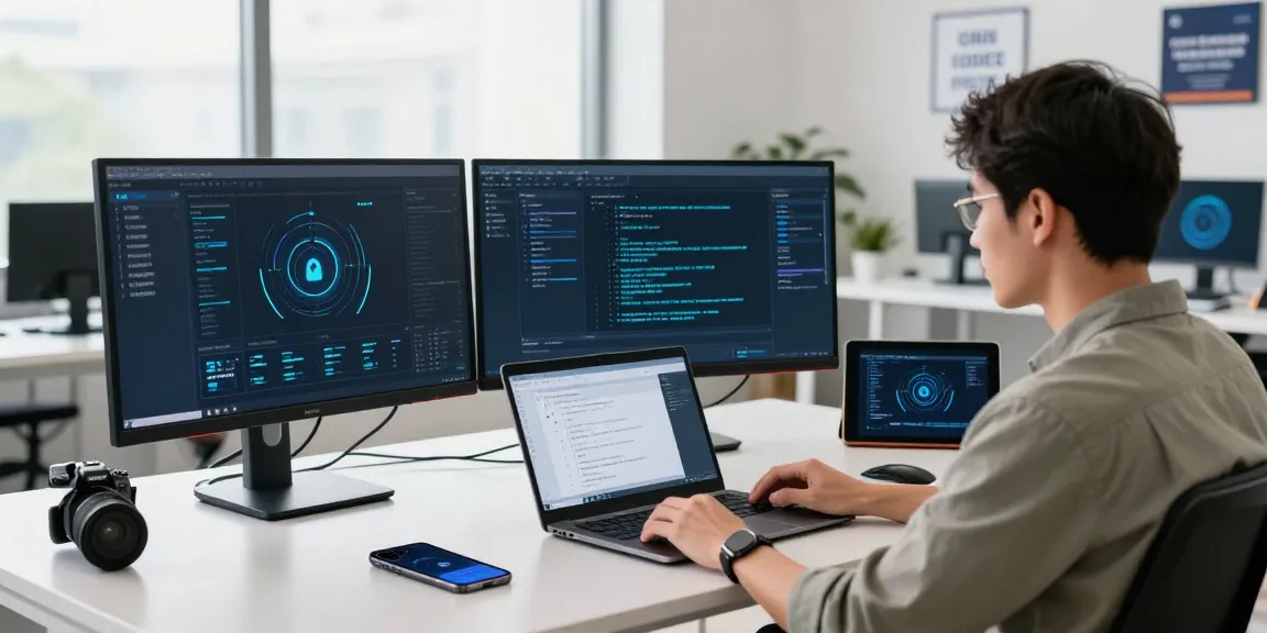 Professional IT workspace illustrating快连 network acceleration solutions with multiple monitors.