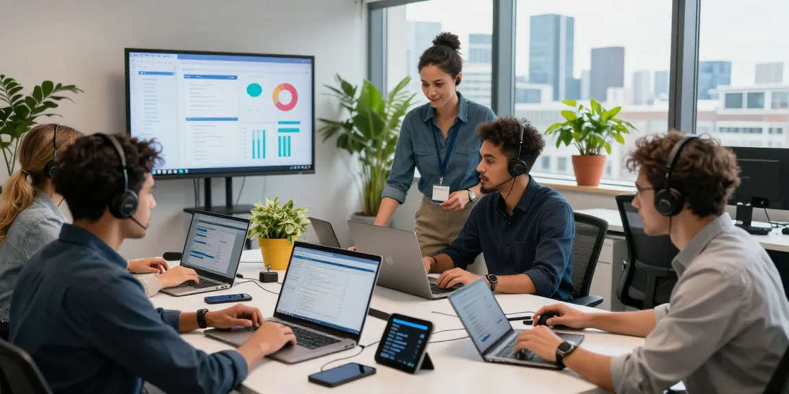 Team collaborating in a modern office, showcasing outsourced IT services London with laptops and presentation screens.