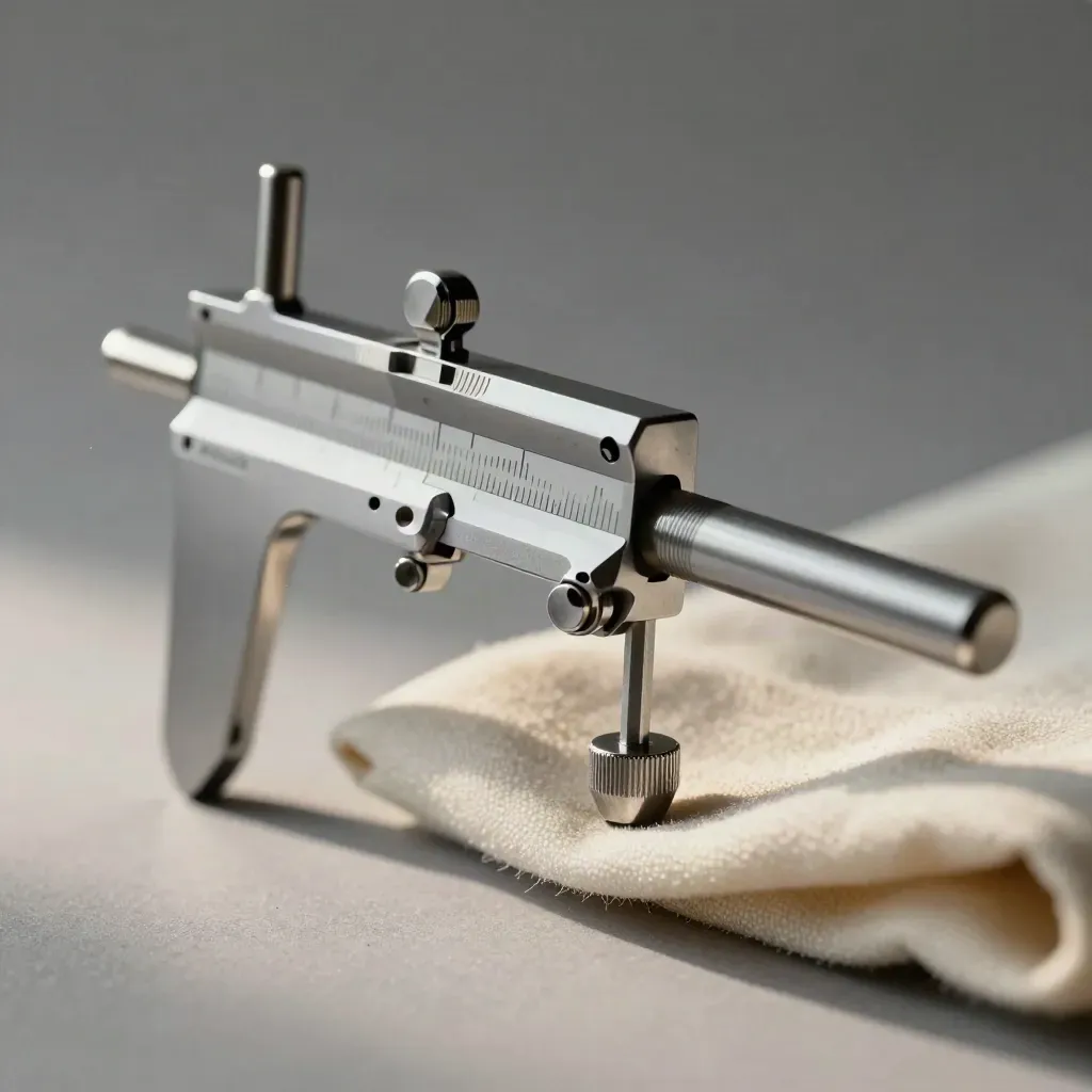 Macro of a chrome micrometer with gauge block and chamois on a grey field, lit from upper left.