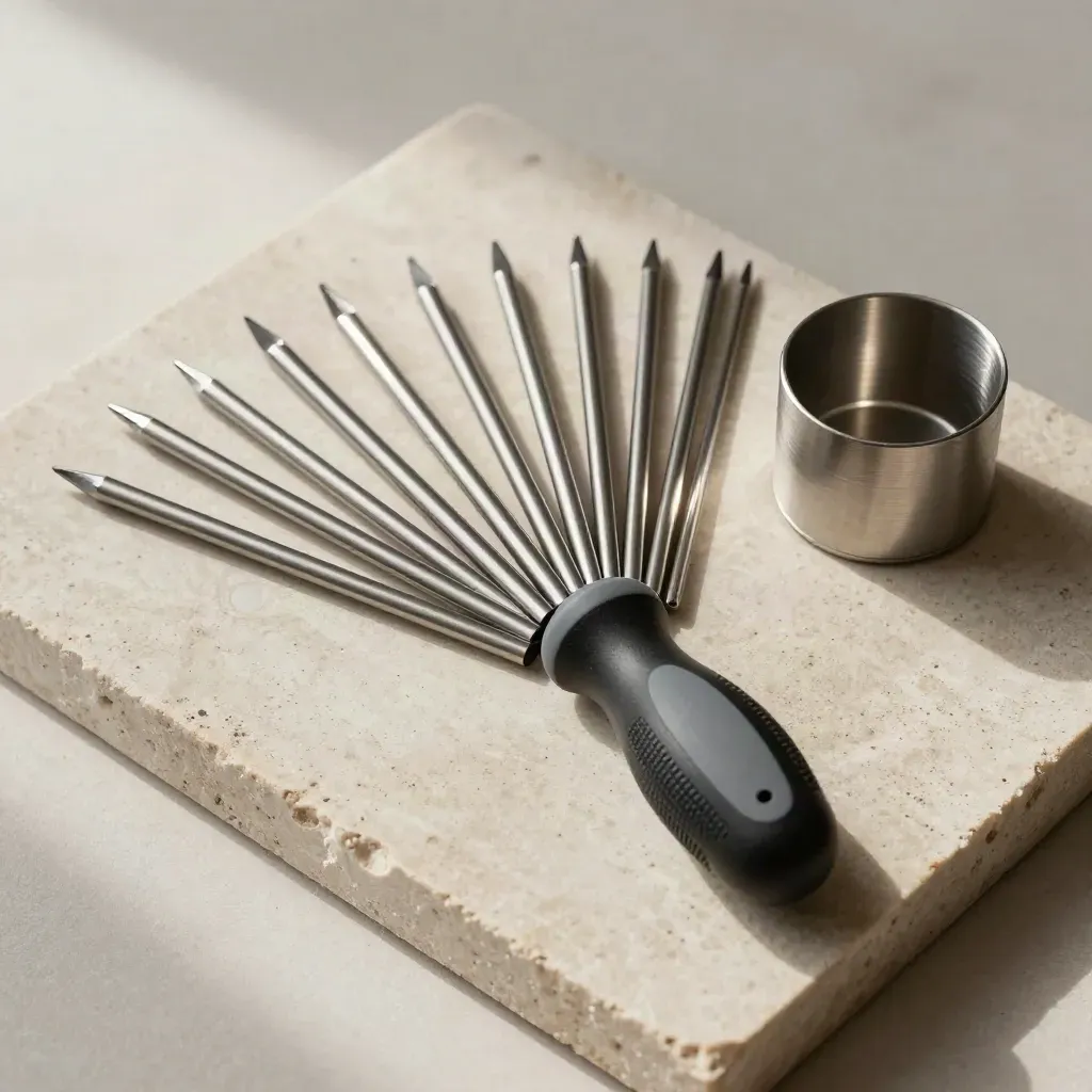 Overhead screwdriver set on pale stone with a small parts cup and soft shadows.