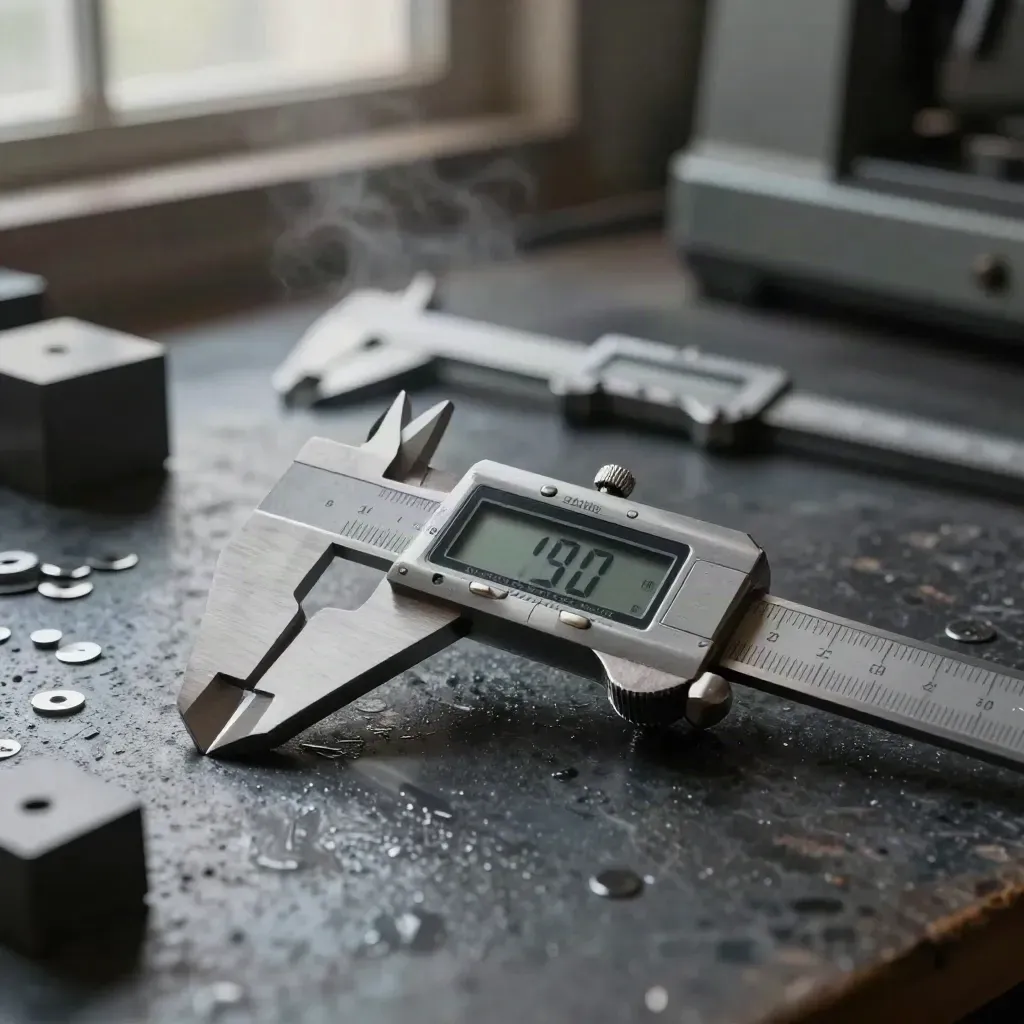 Open digital caliper on its case with gauge blocks and tools in a wet dark workshop.