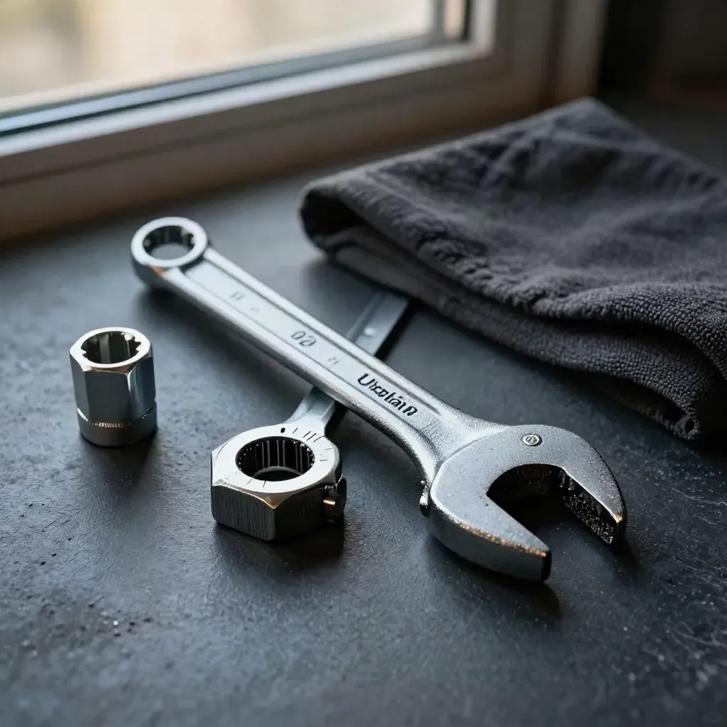 Torque wrench beside socket and cloth on dark concrete, dramatic studio lighting
