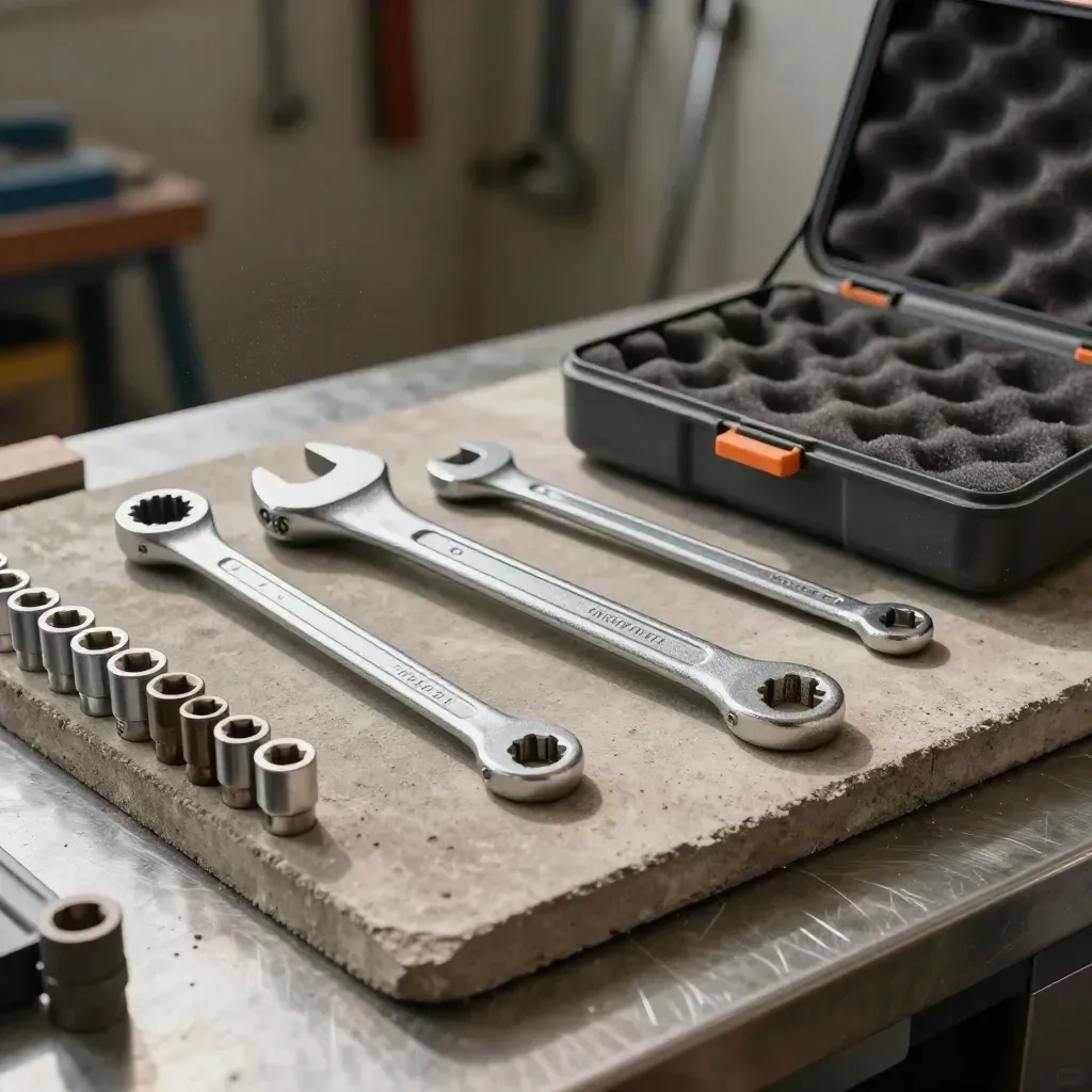 Torque wrench kit on concrete and steel with orange accent, lit by soft workshop daylight