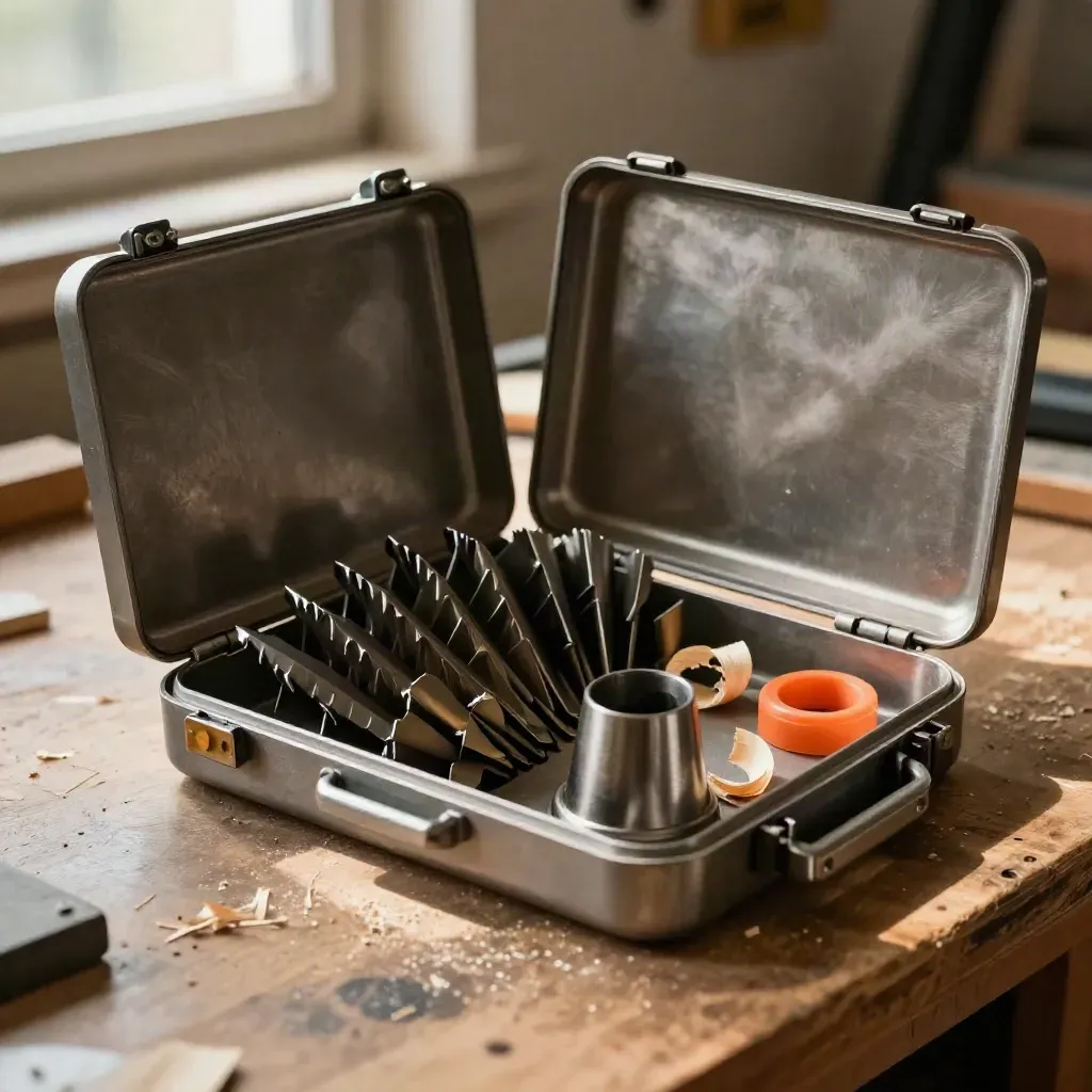 Open hole saw kit in a metal case on a warm workbench with wood shavings