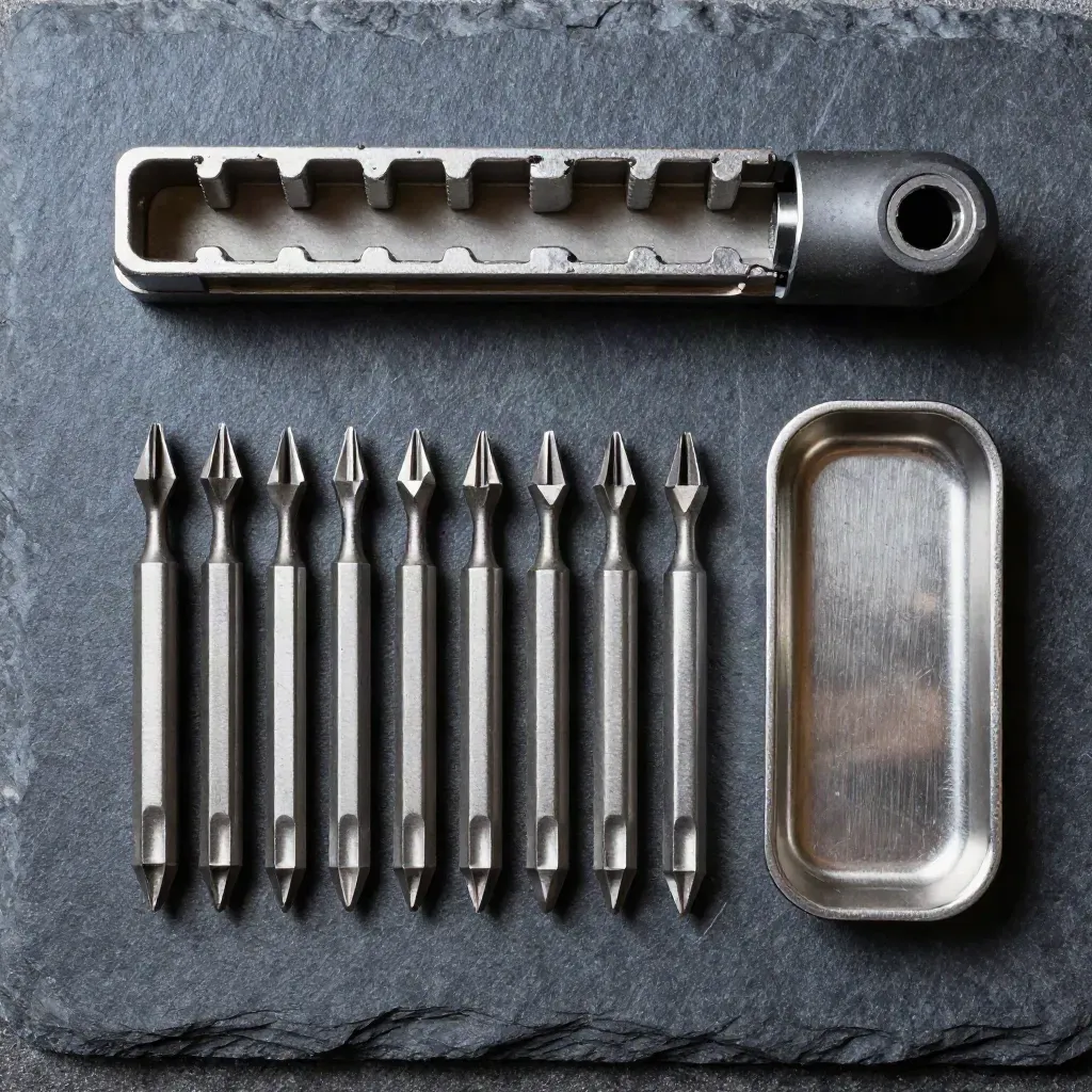 Overhead drill bit set beside chuck and steel tray on matte slate.