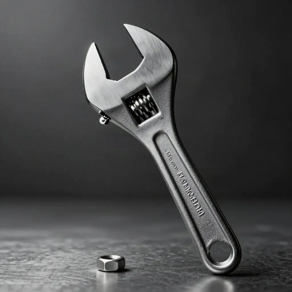 Macro of an unbranded adjustable wrench beside a hex nut on brushed steel.