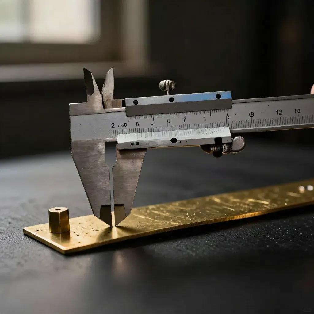 Spring calipers open above a brass strip beside a tiny scribe block in a dark studio