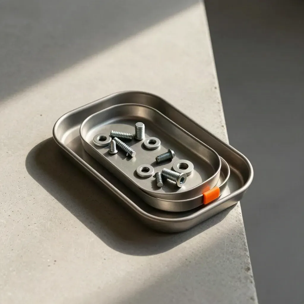 Nested magnetic trays with screws, washers, and one bolt on pale concrete