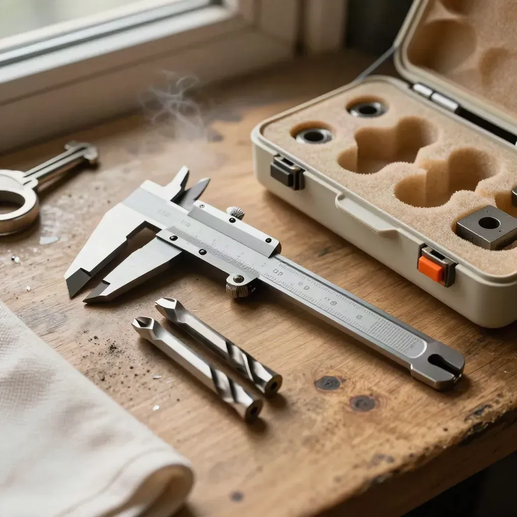Extreme macro of a starter tool bundle spilling from an open case on a machinist’s bench.