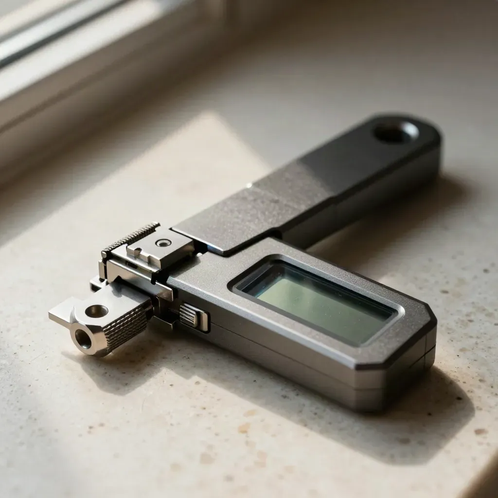 Macro of an unbranded digital angle finder with half-open arms and a stop block on travertine.