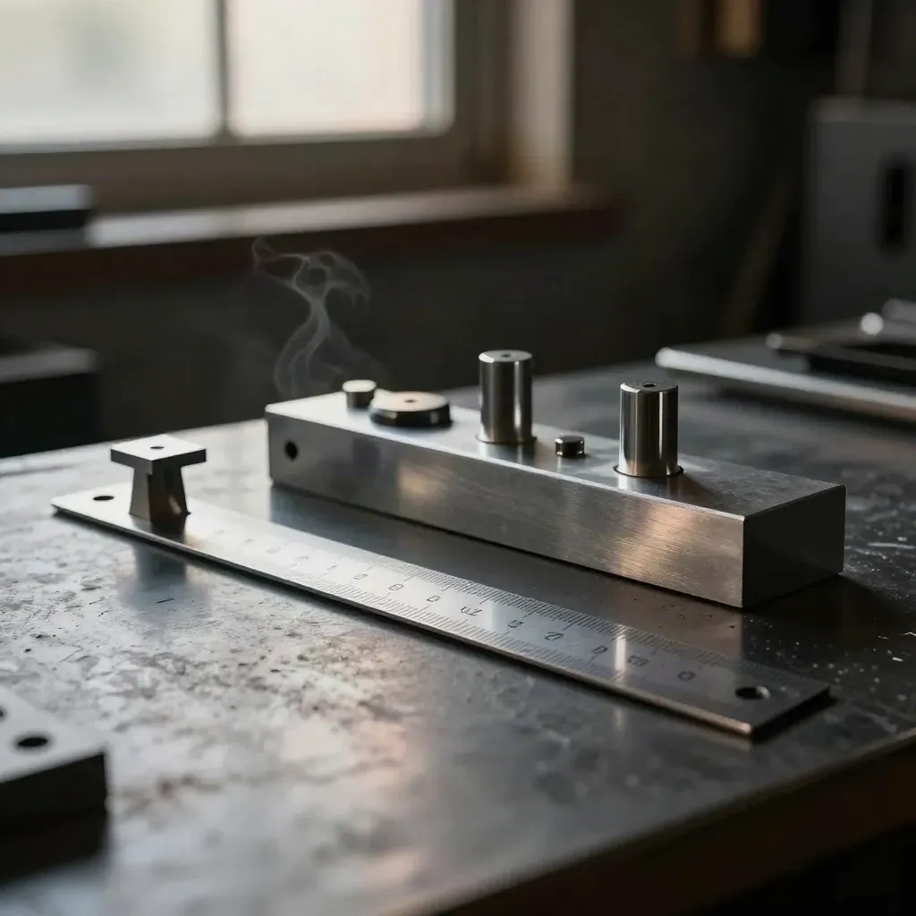Combination square set on a matte-black bench with steel accessories in dramatic workshop light.