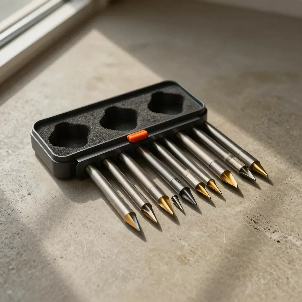 21-piece titanium drill bit set in an open case with bits arranged in a precise arc on concrete.