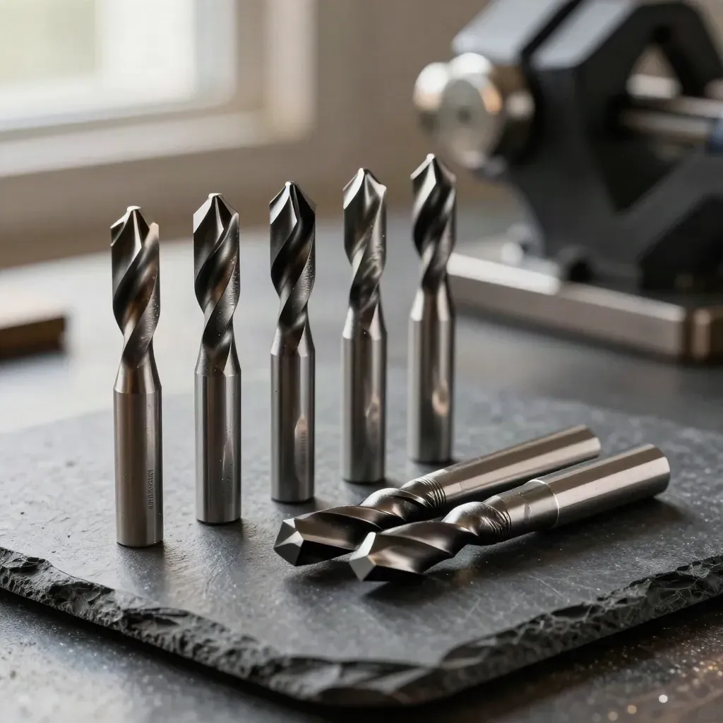 Five carbide end mills beside a holder and machined aluminum offcut on a stone slab