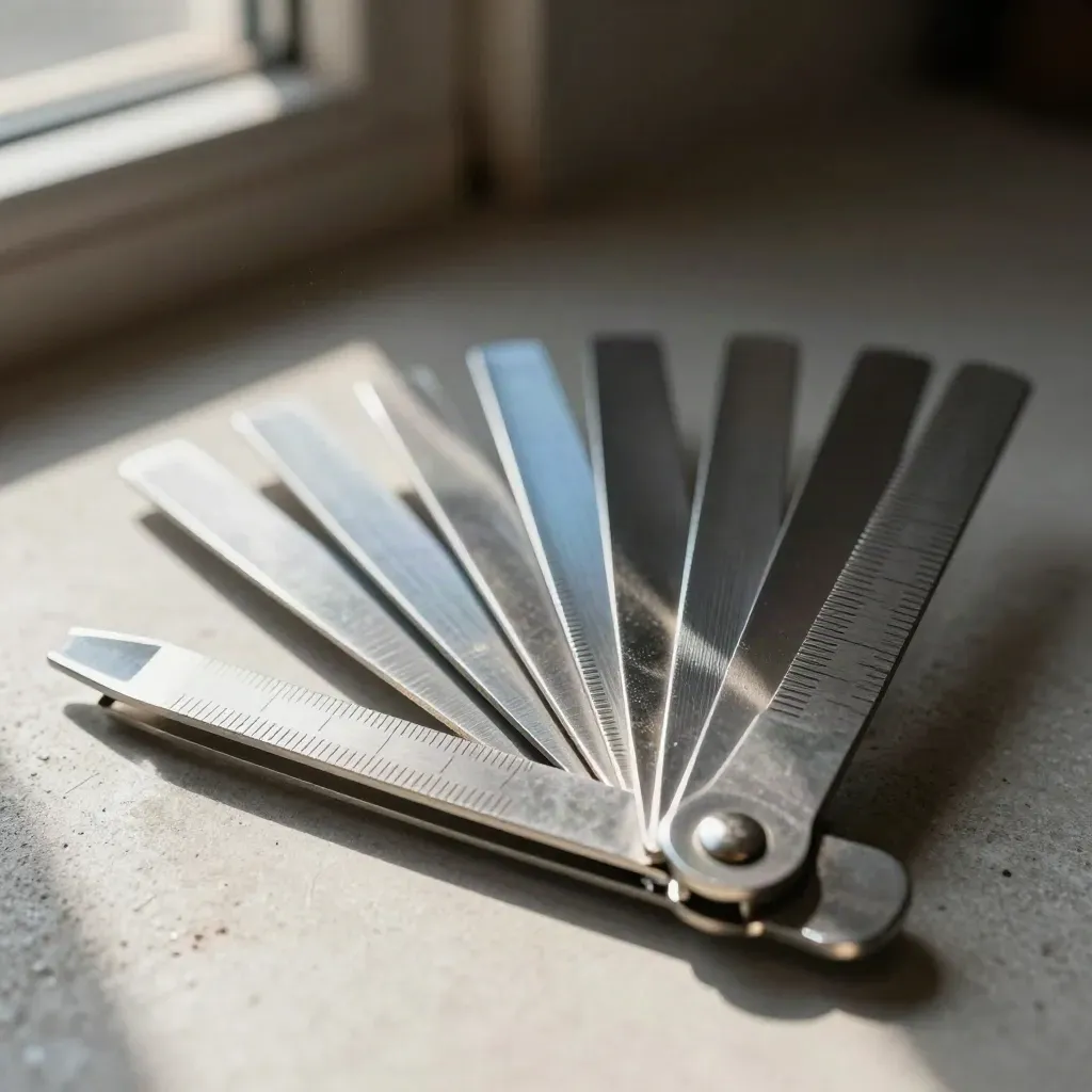 Macro side view of a half-spread feeler gauge fan on concrete with raking light and dust.