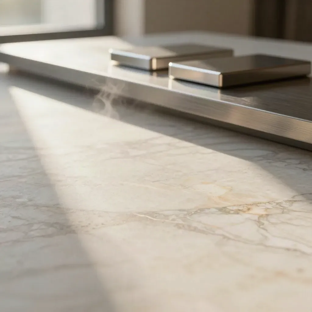 Sunlit marble surface with brushed steel strip and blurred precision blocks in the upper third.