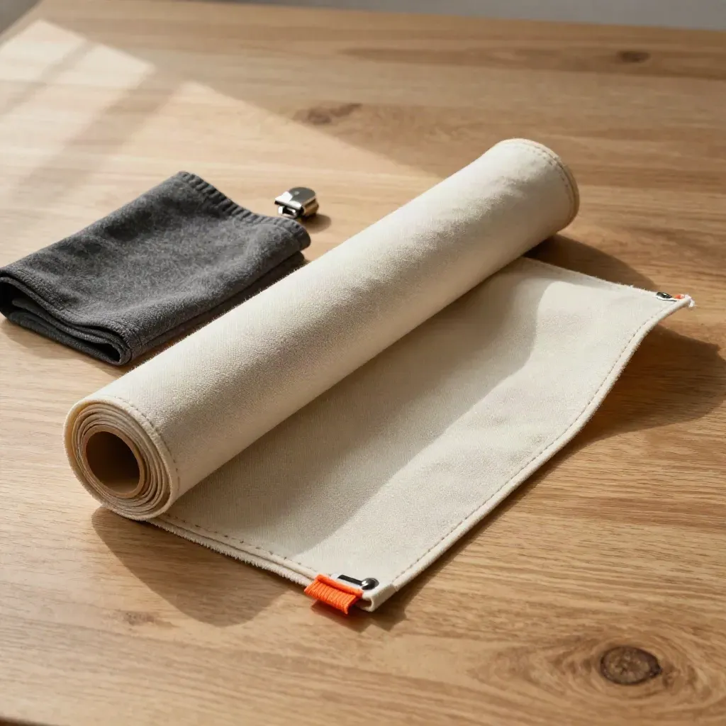 Top-down canvas tool roll with cloth and steel clasp on pale wood, warm light.