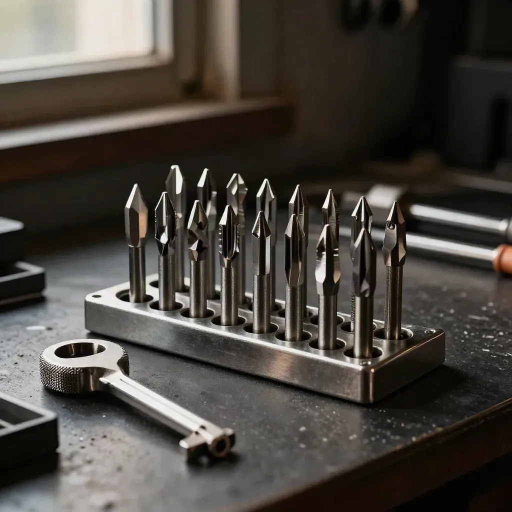 Unbranded tap-and-die set in a steel rack on a dark bench, lit dramatically