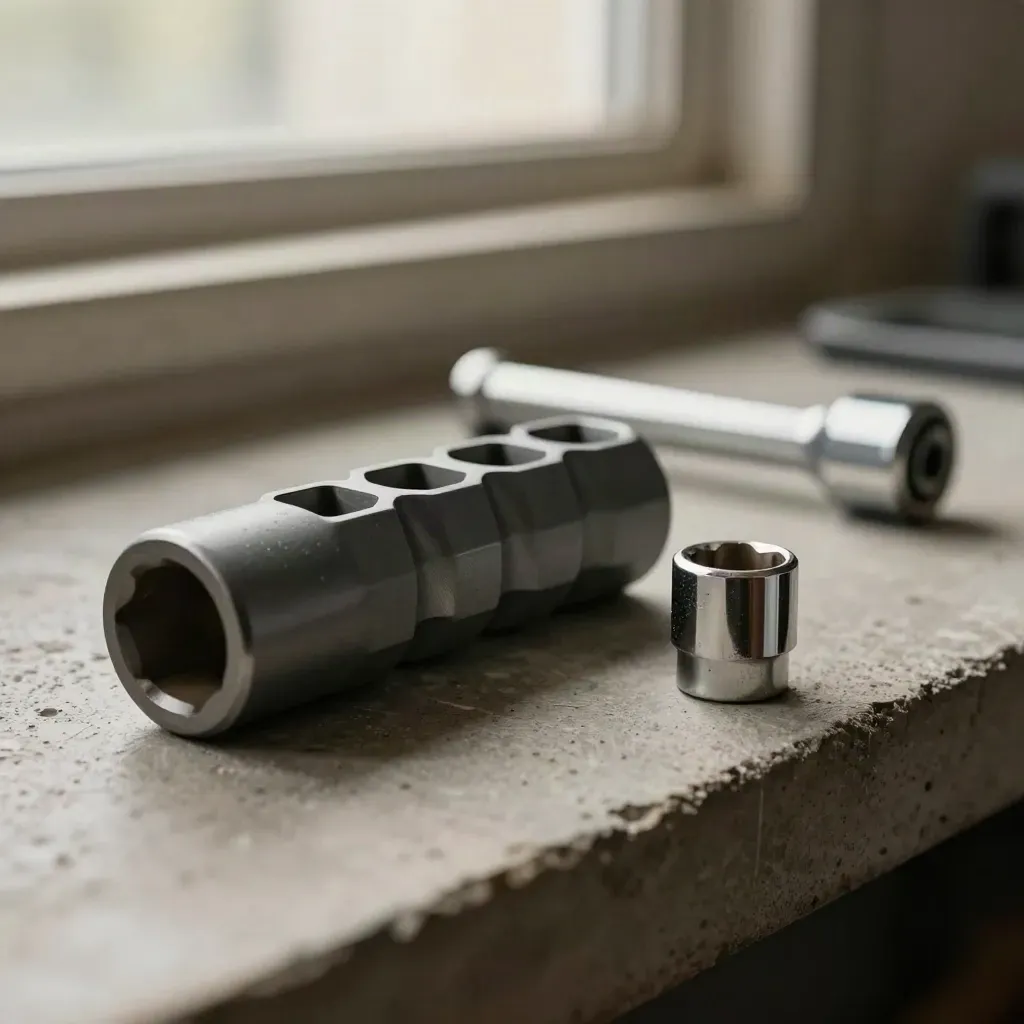 Unbranded impact socket rail with sockets and a loose socket on a concrete ledge in workshop haze.
